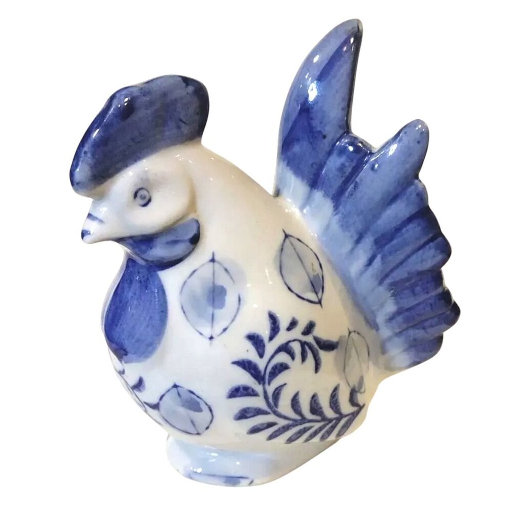 Vintage Blue & White Ceramic Rooster Piggy Bank